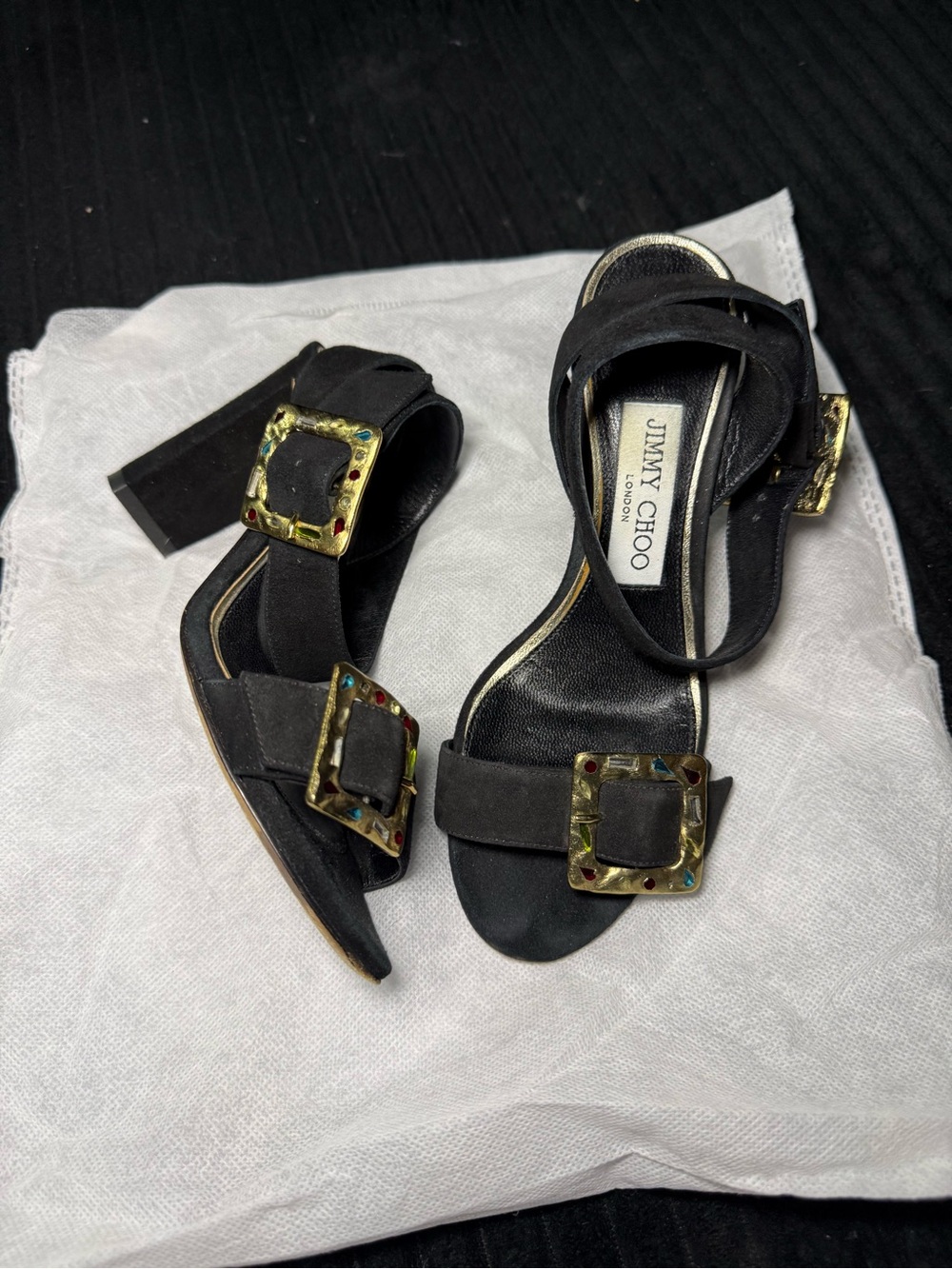 Jimmy Choo Suede Jeweled Buckle Sandals
